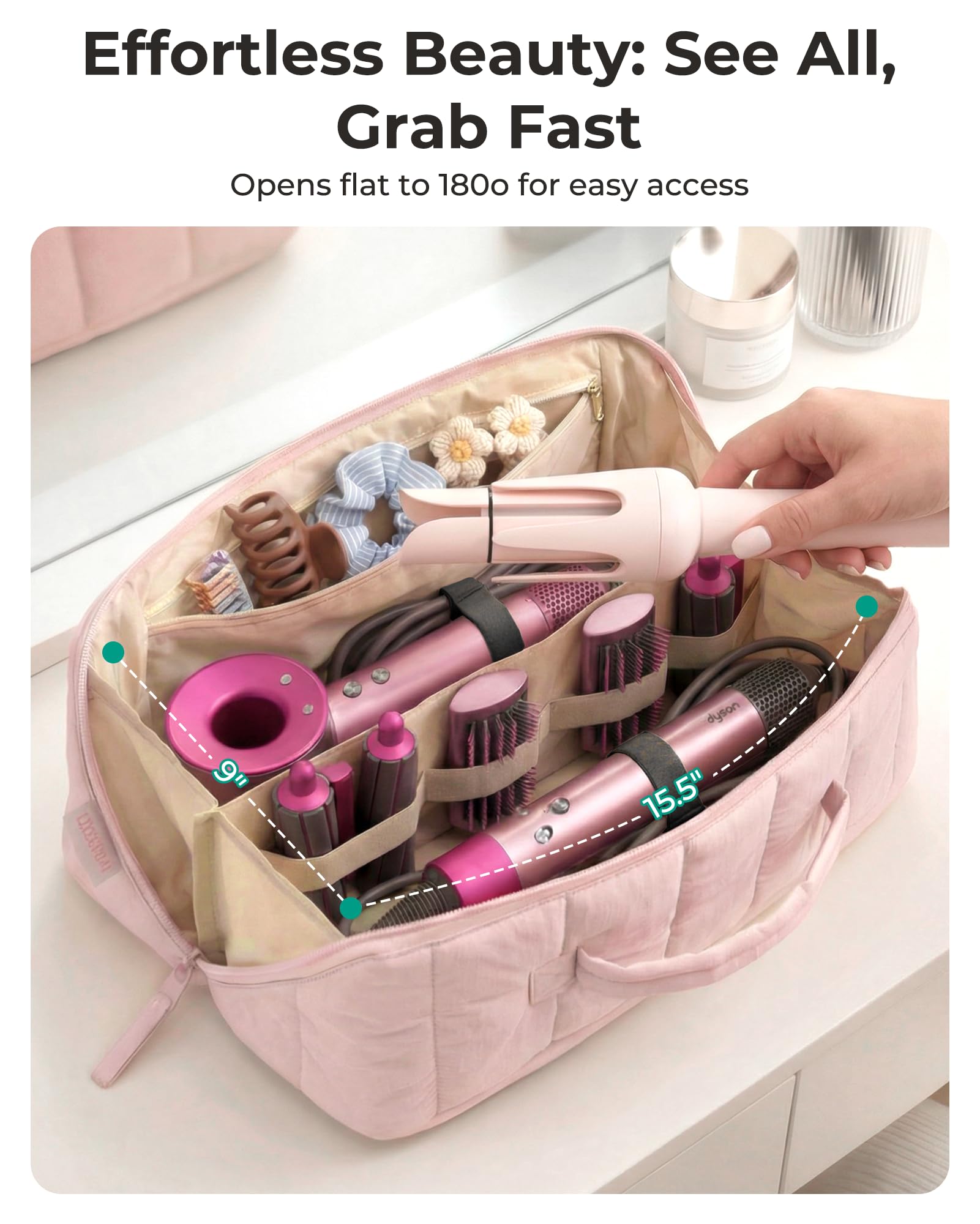 BAGSMART Hair Tool Organizer Travel Bag Compatible with Dyson Airwrap, Shark Hair Dryer, Wide-open Accessories Organizer with Heat Resistant Mat, Makeup Bag for Dyson Attachments, Curling Iron, Khaki