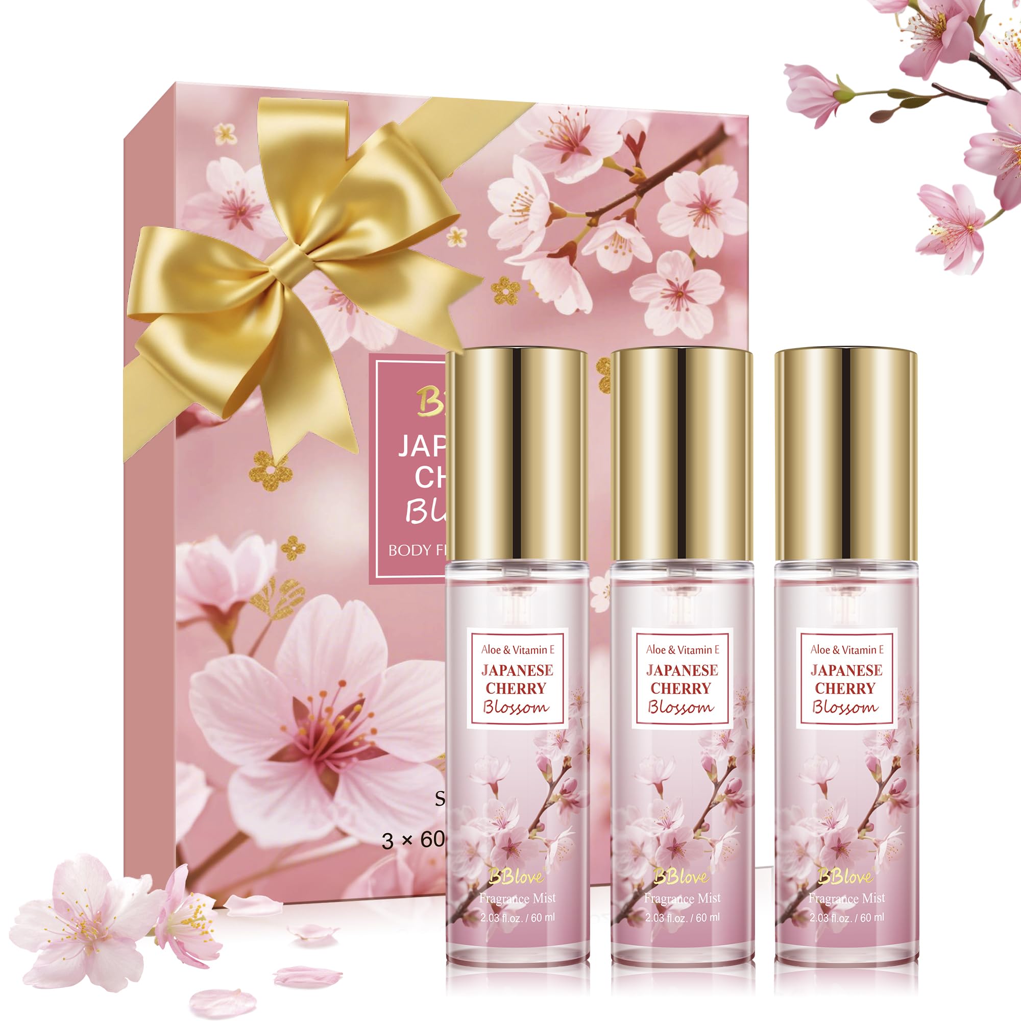 Beautifier Life Portable Body Mist Bath and Body Care Travel Set, Japanese Cherry Blossom Scent, 3 Piece, 2.03 FL OZ Each, Travel Essentials, Gift for Women, Girls, Birthday, Holiday, Mother's Day