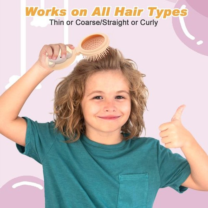 Mini travel hair brush for kids, Round Folding Pocket Mirror small toddler Hair Brush for Boys and Girls,Baby hair detangling brush Massage Hair Brush with Air Cushion for Thick Hair (Beige)
