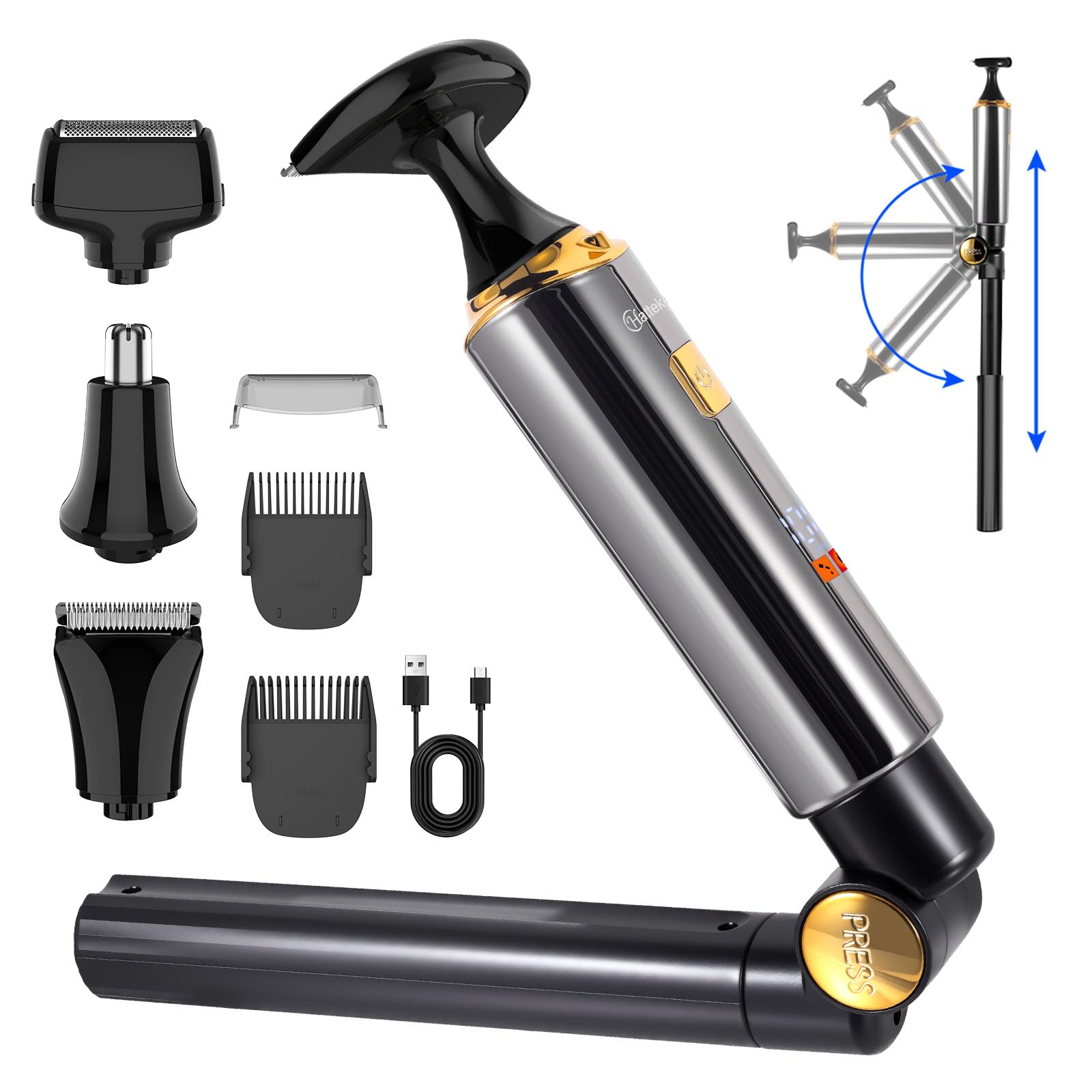 Electric Mens Back Shaver Body Trimmer Hair Groomer 4 in 1 Kit with Extendable Auxiliary Arm Waterproof Facial,Chin,Arm,Back,Pubic Hair Trimmer Grooming Set