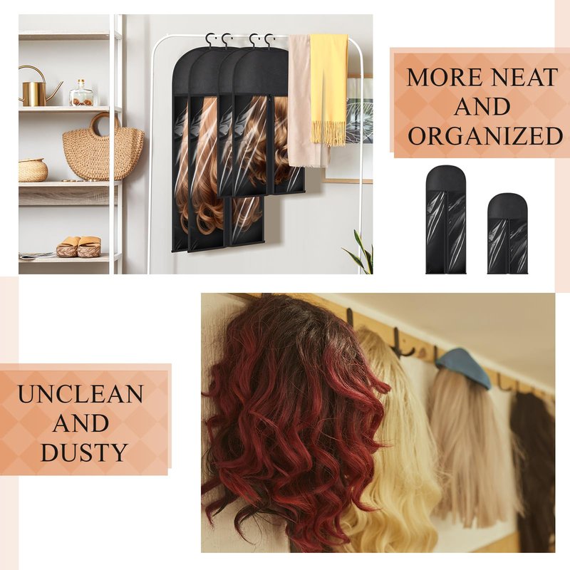 Wowangce 14 Pcs Extra Long Hair Extension Storage Bag with Hanger, Two Sizes Wig Storage for Multiple Wigs, Dust Proof Hanger for Home Travel Closet Wigs, Hair Extensions, Accessories, Black