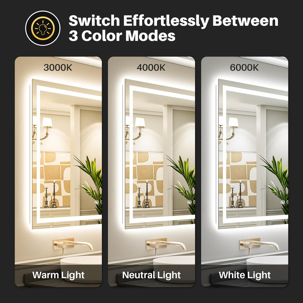 Briivue 60x40 LED Bathroom Mirror, Dual Lit Anti-Fog Wall Vanity Mirror