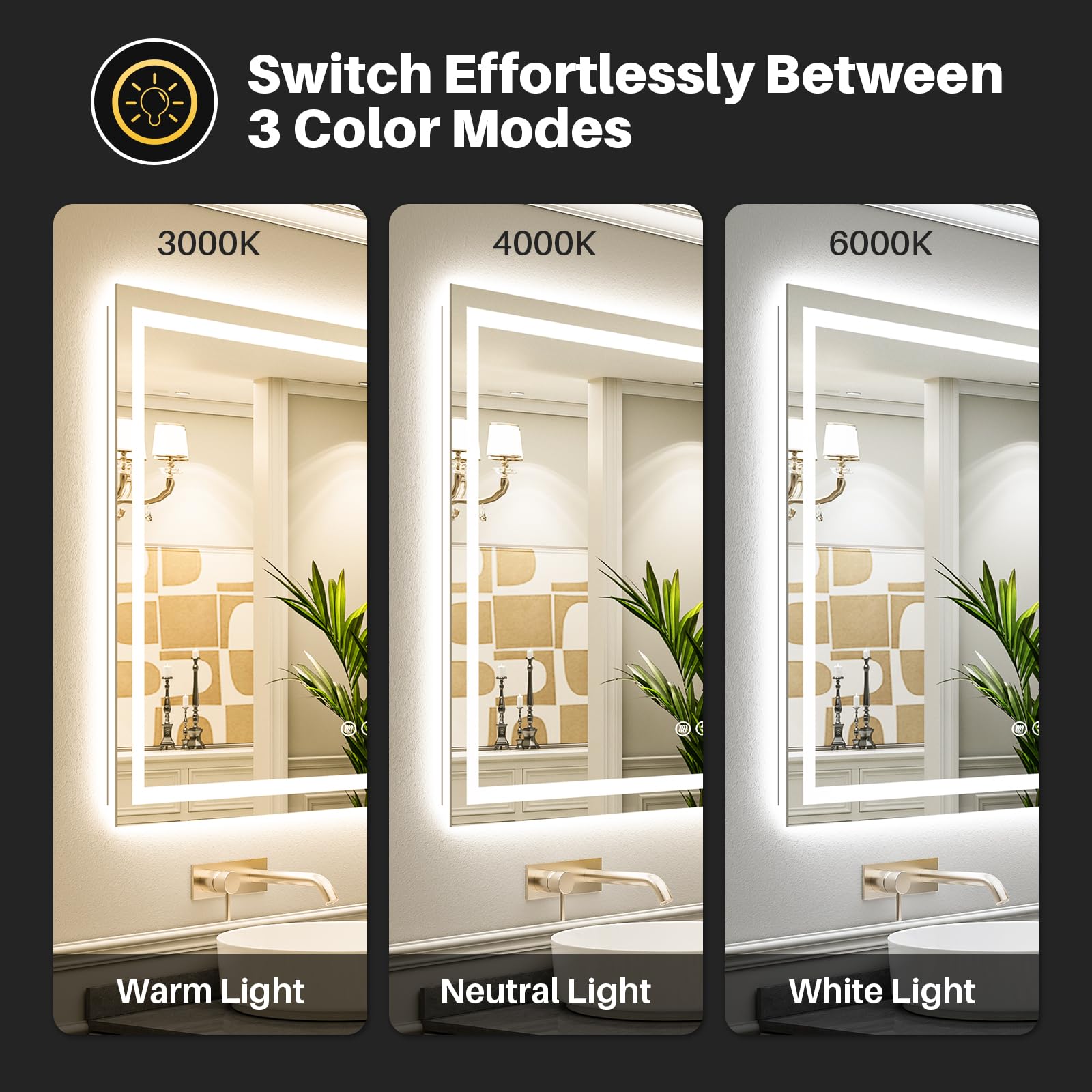 Briivue 60x40 LED Bathroom Mirror, Dual Lit Anti-Fog Wall Vanity Mirror