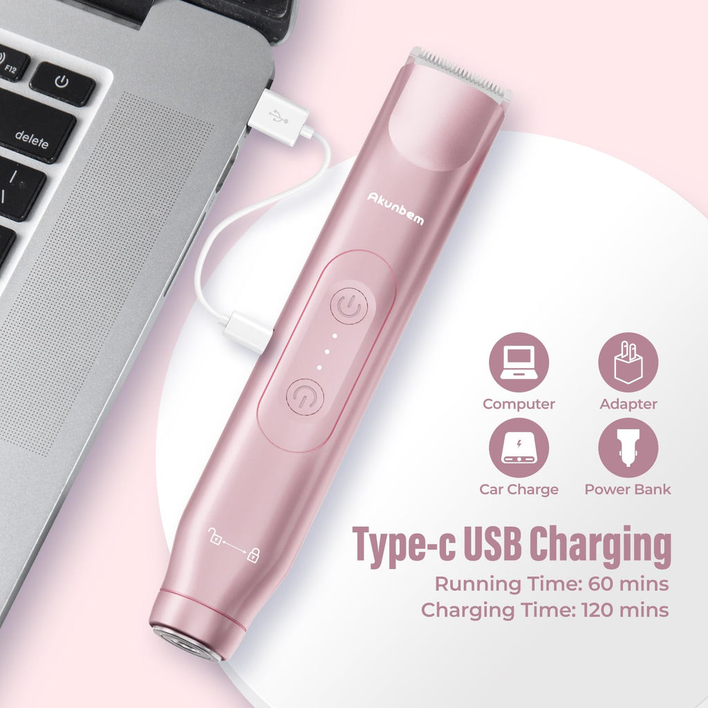 Akunbem Bikini Trimmer for Women - 2 in 1 Electric Razors for Women - Dual Head Electric Shaver - IPX7 Waterproof Wet & Dry Use Body Hair Trimmer and Facial Hair Remover for Bikini Underarm Leg Arm