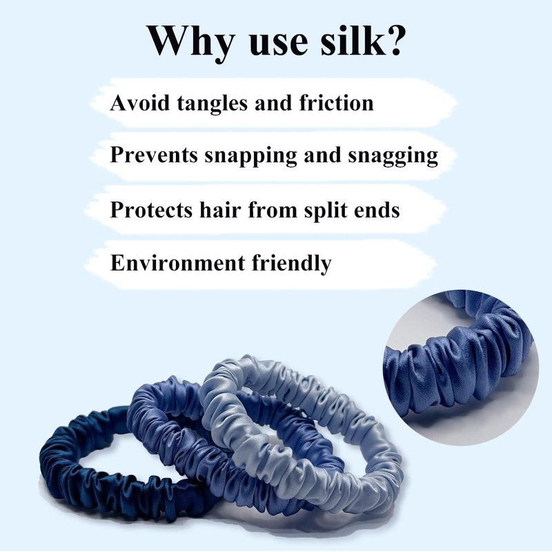 VLOMOT 3 Pcs Set 100% Pure Mulberry Silk Hair Scrunchies Hair Ties with 3 Chic Colors Everyday Skinny Scrunchies Silk Ponytail Holders Hair Care No Damage (Blue)