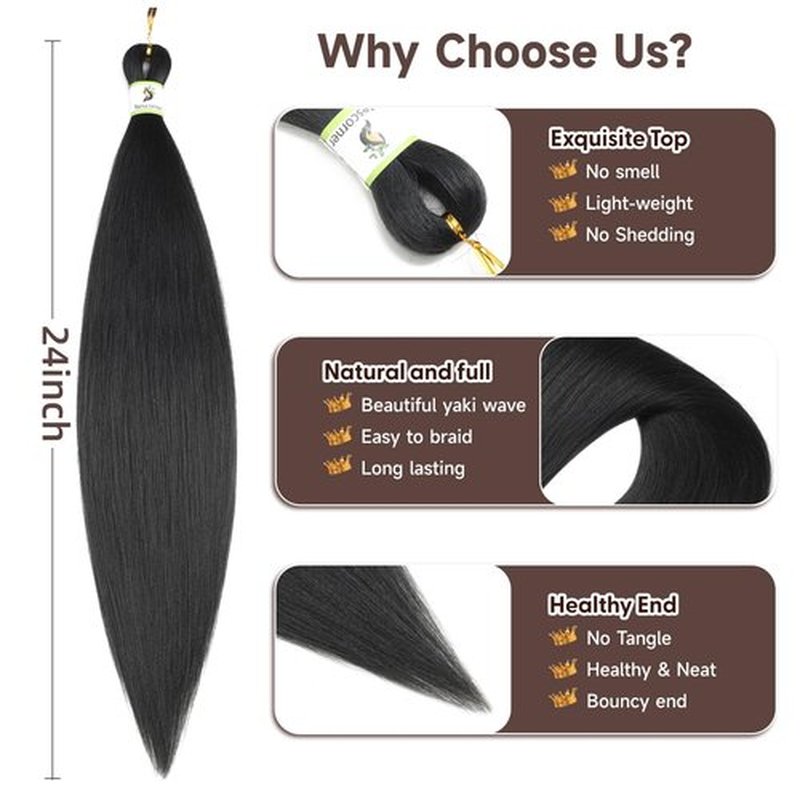 Braiding Hair Pre Stretched, 24inch 8 Pack Black Pre Stretched Braiding Hair for Women, Yaki Straight Texture Professional for Boho Twist Crochet Braids Hair (1B, 24Inch (Pack of 8))