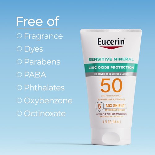 Eucerin Sun Sensitive Mineral Sunscreen Lotion SPF 50 - Hypoallergenic Zinc Oxide Protection, 4 Fl Oz