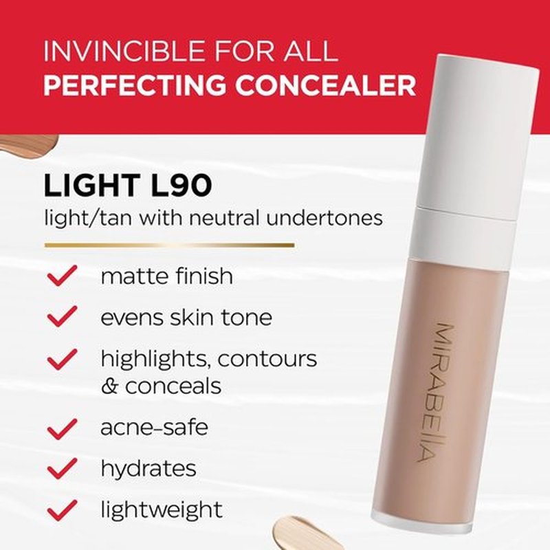 Mirabella Invincible Under Eye Concealer - Full Coverage Hydrating Formula for Dark Circles & Fine Lines - Light L100