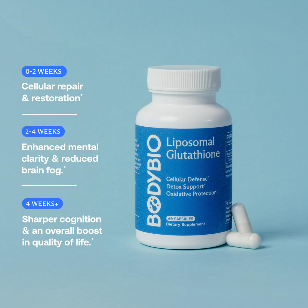 BodyBio Liposomal Glutathione - Master Antioxidant for Cellular Protection, Advanced Liposomal Absorption for Detox & Toxin Removal 60 Capsules