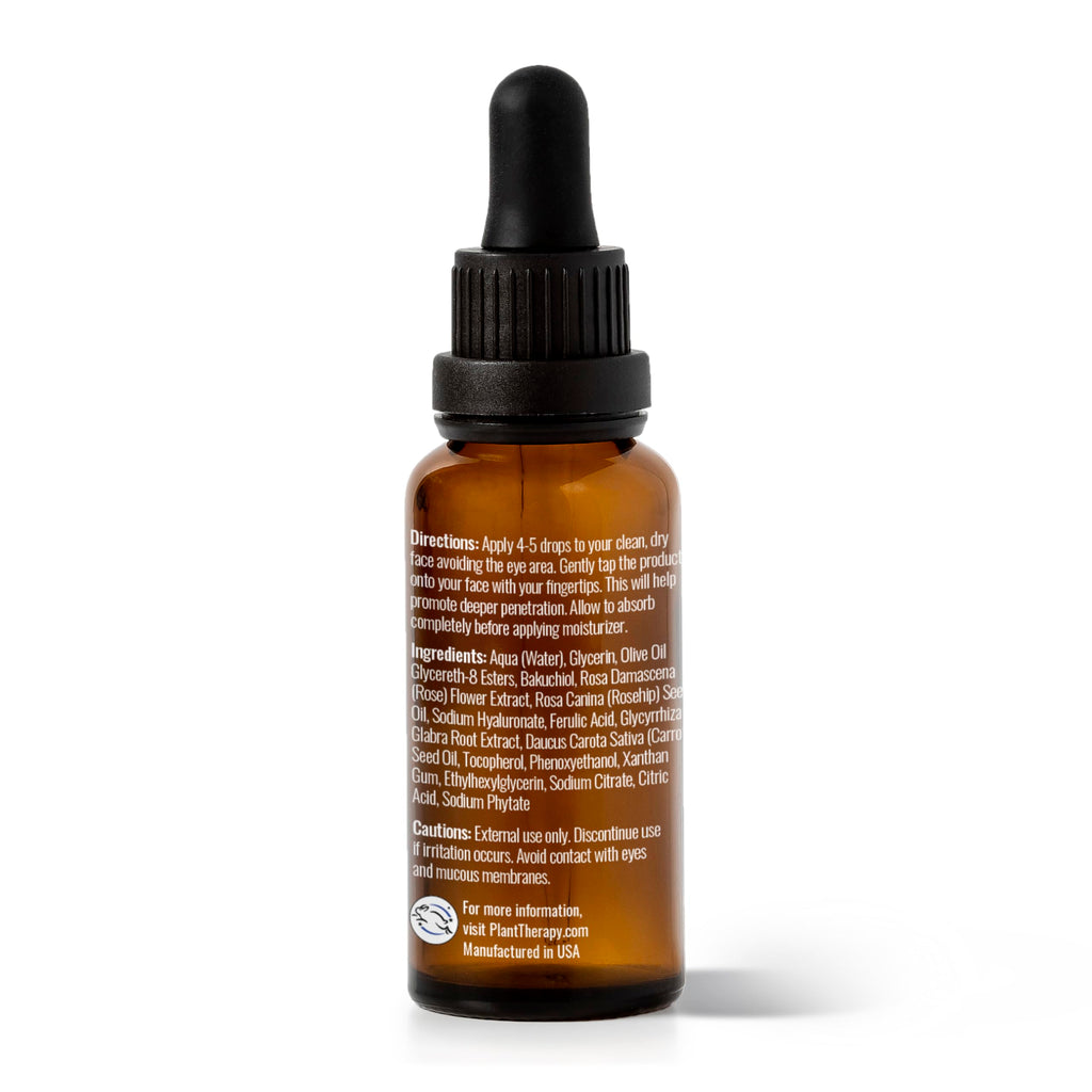 Plant Therapy Rose with Bakuchiol Facial Serum 1 oz with Rose Extract, Rosehip Seed Oil, and Carrot Seed Oil, Reduces the Appearance of Fine Lines & Wrinkles