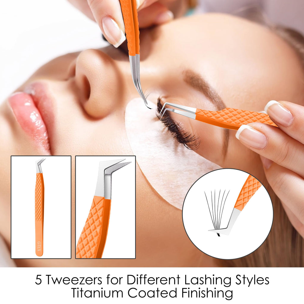 GTEX Fiber Tip Lash Tweezers For Eyelash Extension Set of 5, Professional Eyelash Tweezers For Lash Extensions - 90 45 Degree Curved Volume Tweezer Orange