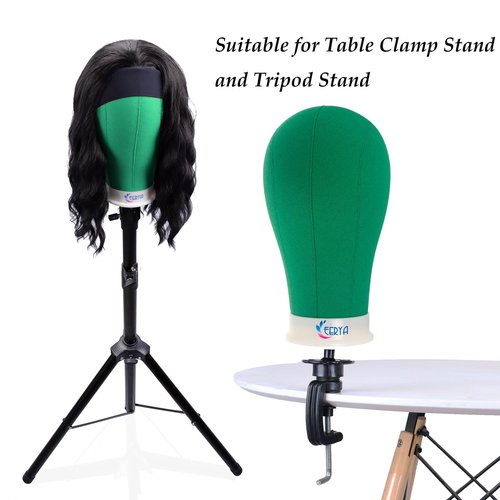 EERYA 22 Inch Wig Head Stand Set for Wig Making Display Styling Training Poly Canvas Block Head with Mount Hole Mannequin Manikin Head Stand(22 Inch,Green)