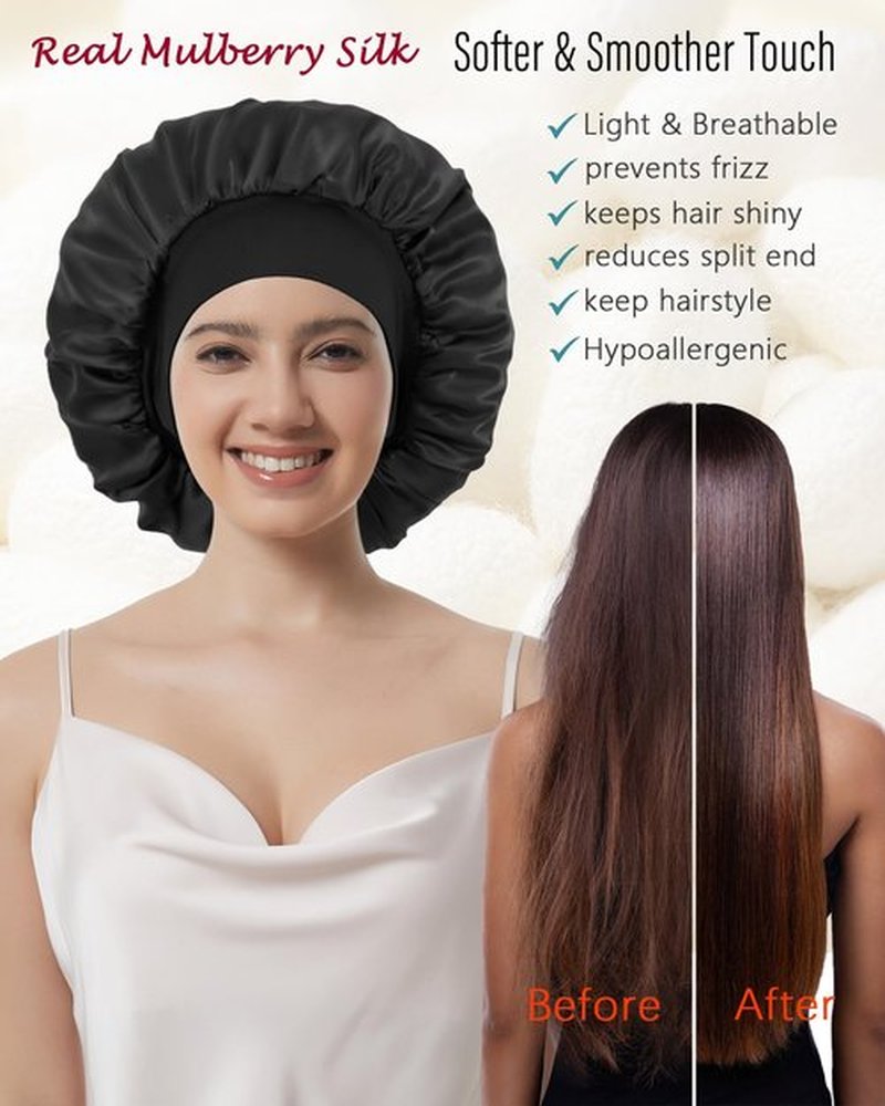 100% Mulberry Silk Bonnet for Sleeping Women, Real Pure Silk Hair Bonnets for Women Sleeping, Double Layer Sleep Cap with Soft Elastic Band for Curly Hair