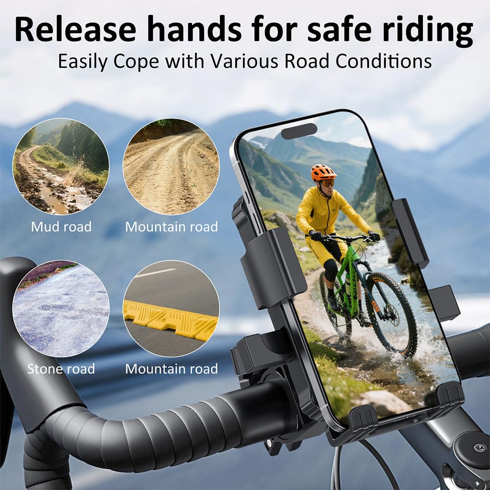 Prjrsme Bike Phone Holder, Handlebar Phone Mount for Bike and Motorcycle, Electric Scooter Mountain Bike, Adjustable Cell Phone Holder,Secure Holder for 4.7-6.8 Inch All Cell Phones