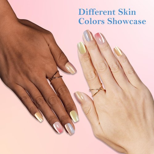 GLAMMAGIC Cat Eye Press On Nails Short Square, Natural Fake Nails Fine Diamond Shine, Glossy Ombre, Cat Eye Press on Nails for Women with Salon Quality, Press on Nails Kit