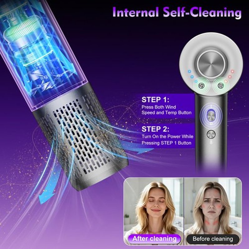 KVINEEN Hair Dryer with Diffuser, Blow Dryer with 160000 RPM Brushless Motor & Negative Ions for Fast Drying, Advanced Heat Control to Prevent Damage, Low-Noise Design, Self-Clean, Gray-1 Pack
