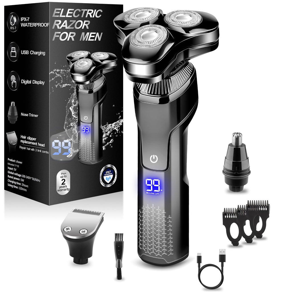 Men's Electric Razor, Upgraded 4D Floating Magnetic Blade Head Rotary Shaver, 3-in-1 Multifunctional for Beard/Nose/Sideburns, IPX7 Waterproof Rechargeable Cordless Shaver, Turbo Speed, Gift for Men