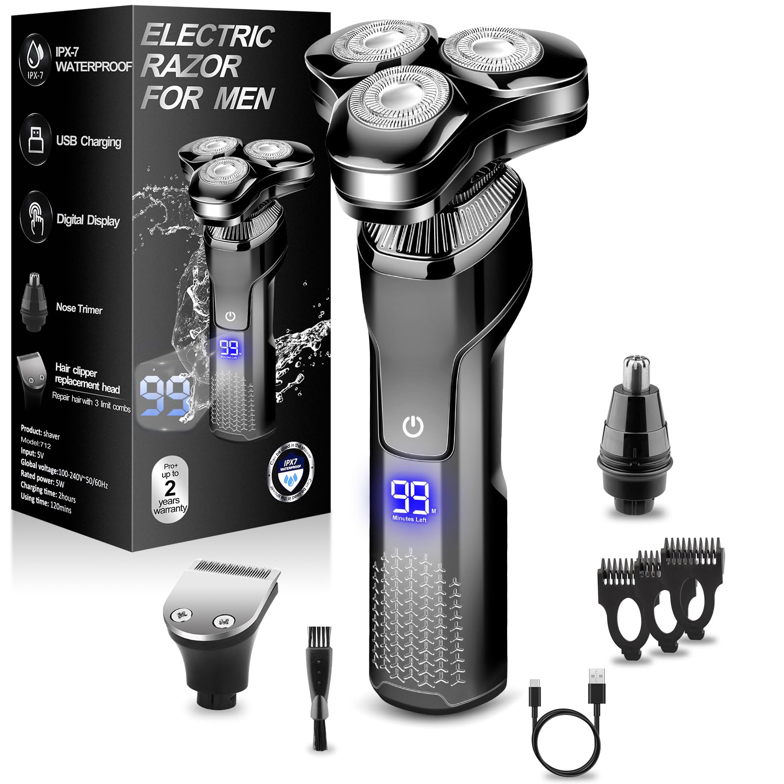 Men's Electric Razor, Upgraded 4D Floating Magnetic Blade Head Rotary Shaver, 3-in-1 Multifunctional for Beard/Nose/Sideburns, IPX7 Waterproof Rechargeable Cordless Shaver, Turbo Speed, Gift for Men
