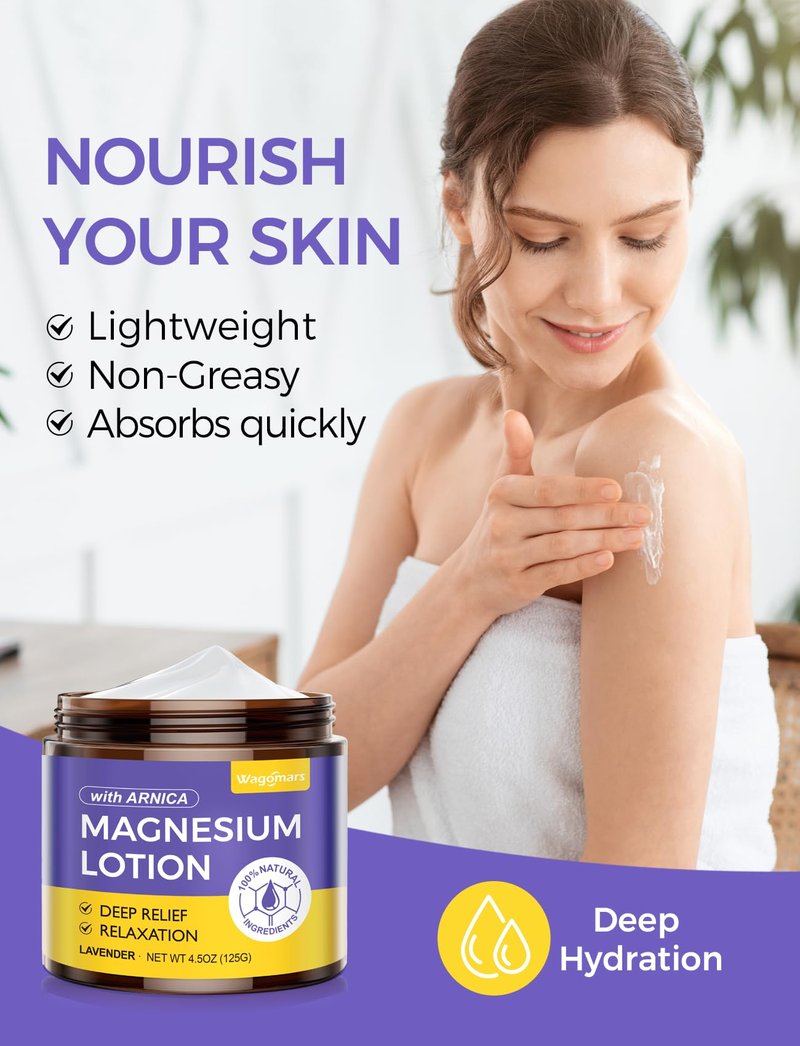 Wagomars Natural Soothing Magnesium Lotion - Topical Nighttime Magnesium Cream with Arnica, Shea Butter & Coconut Oil for Legs & Muscles - Skin Comfort, Relaxation & Deep Hydration - Safe for Kids