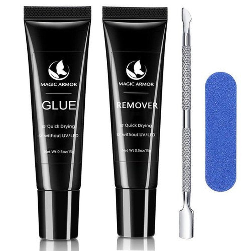 Nail Glue for Press Ons and 15g Remover with Cuticle Pusher Set, No UV Needed, Quick Dry Strong Semi Solid Glue for Press On, Long Lasting Adhesive for Fake Acrylic Nails