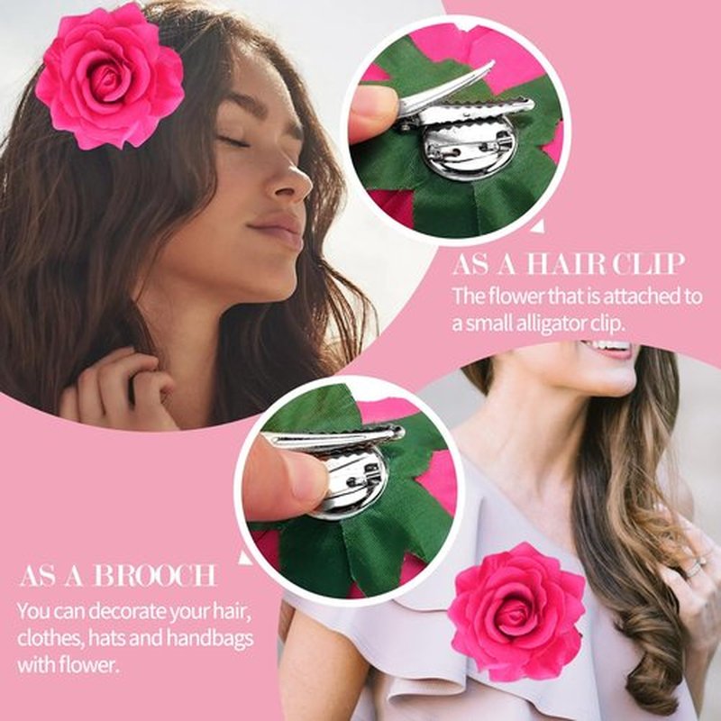 Atoden Hot Pink Rose Hair Clip, Flower Rose Clips for Hair, Hawaiian Floral Hair Pins Alligator Clips Brooch Mexican Decorative Headpieces for Women Girls Bridal Wedding Hair Accessories