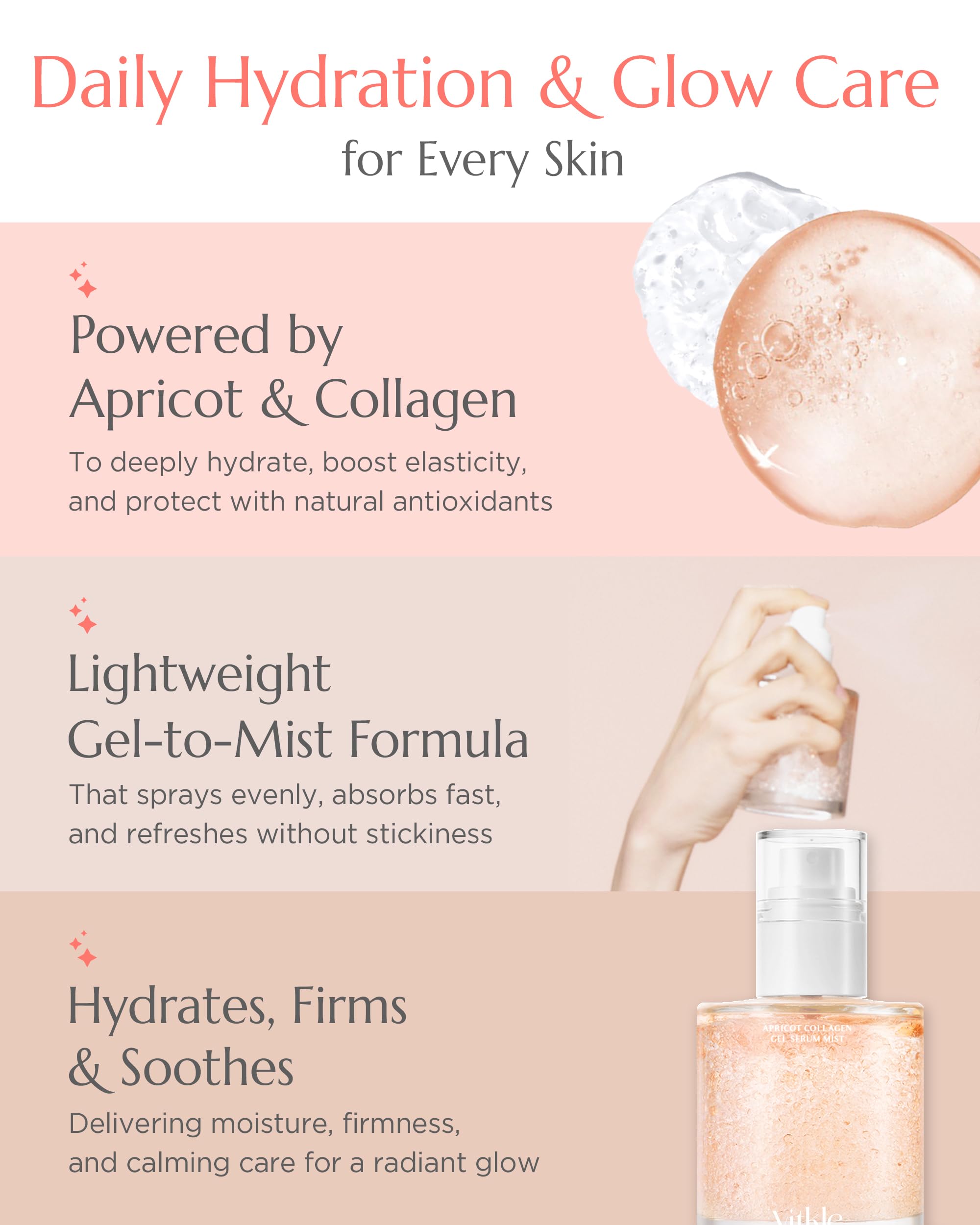 Vitkle Apricot Collagen Gel Serum Mist - Korean Face Moisturizer French Patented with 8-Layer Hyaluronic Acid, Bakuchiol, Adenosine for Hydration Glow Firming Anti-Aging Spray, 3.38 fl.oz.
