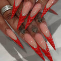 Long Press on Nails Stiletto Xl Fake Nails Red French Tips False Nails with 3D Design Nails Glossy Acrylic Nail for Women 24pcs
