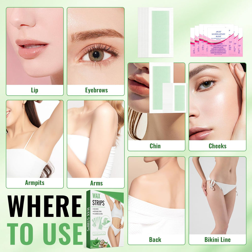 Wax Strips for Hair Removal Ready to Use At Home Kit Bikini Waxing Strips with Large and Small Strip Body Bikini Legs Underarm Women Full Face 120 Count 2 Sizeswith 8 Oil Wipes Hair Removal Wax Strip