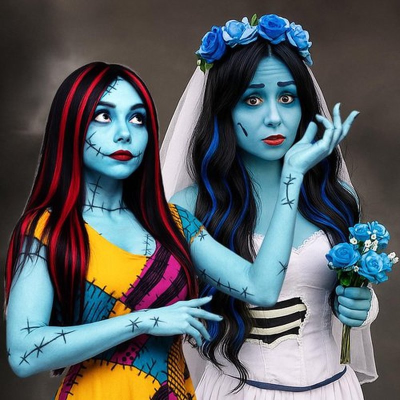 Mysense Sally Makeup Kit,Halloween Sally Costume Corpse Bride Makeup,Sally Face Cosplay Accessories for Women,Light Blue Face Paint+Red Lipstick+Black Liquid Eyeliner+Sponges