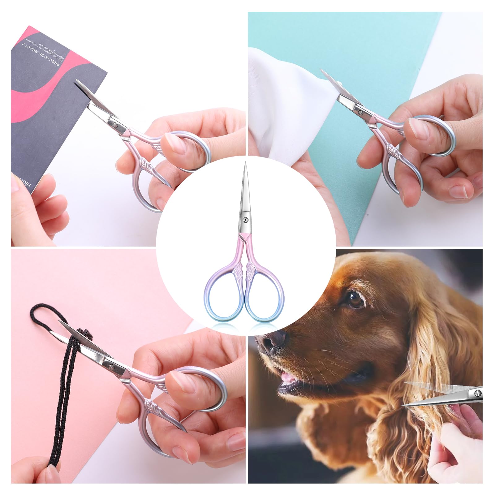LOBODT Small Precision Scissors, 3.5inch Stainless Steel Multi-Purpose Vintage Beauty Grooming Kit for Facial Hair, Eyebrow, Eyelash, Beard, Nose, Moustache Trimming with PU Sheath