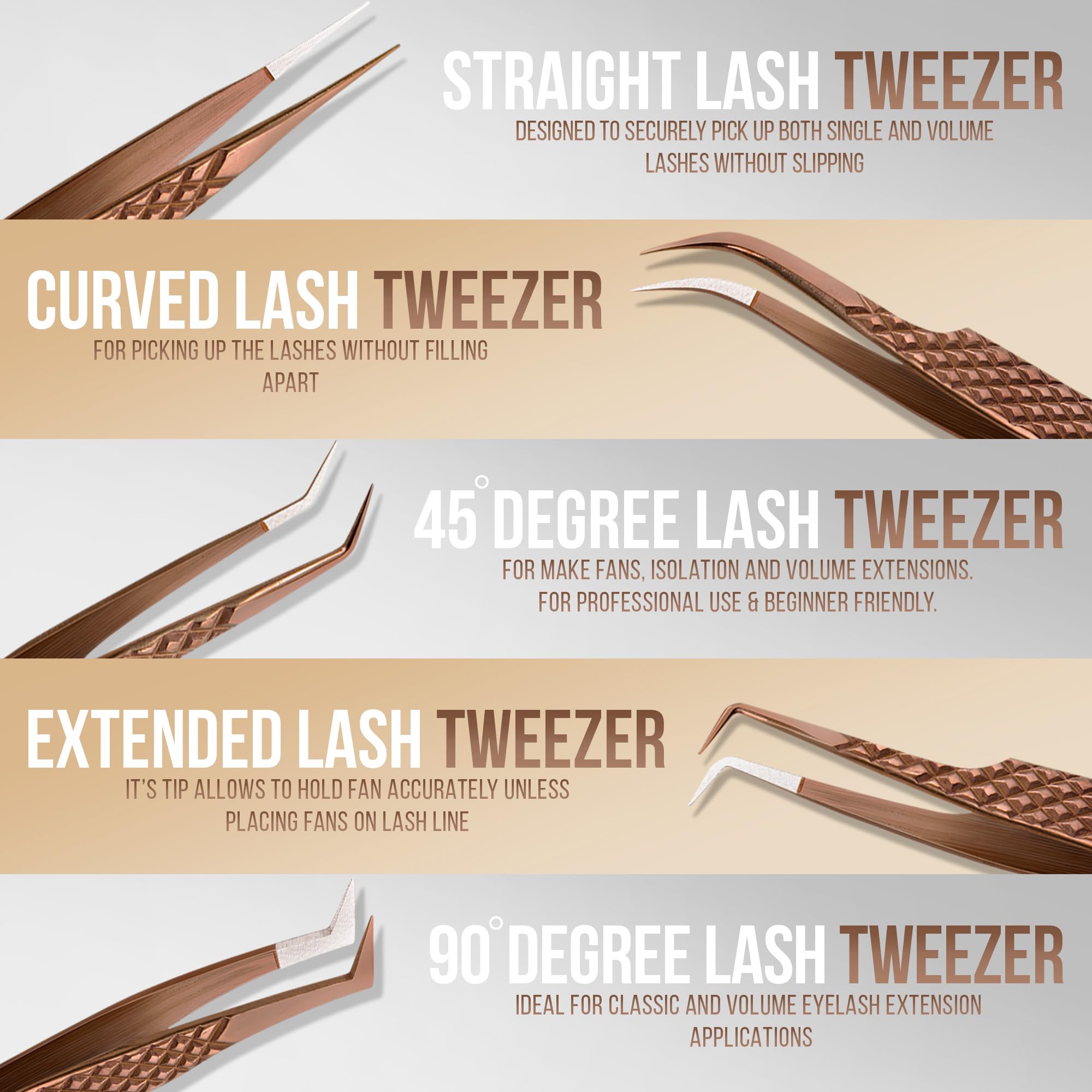 5 Pcs Fiber-Tip Japanese Steel Lash Tweezer Set with Leather Case, Professional Eyelash Tweezers for Lash Extensions – Titanium Coated, 90 & 45 Angled, Precision Pointed Tweezers (METALIC-ROSE)