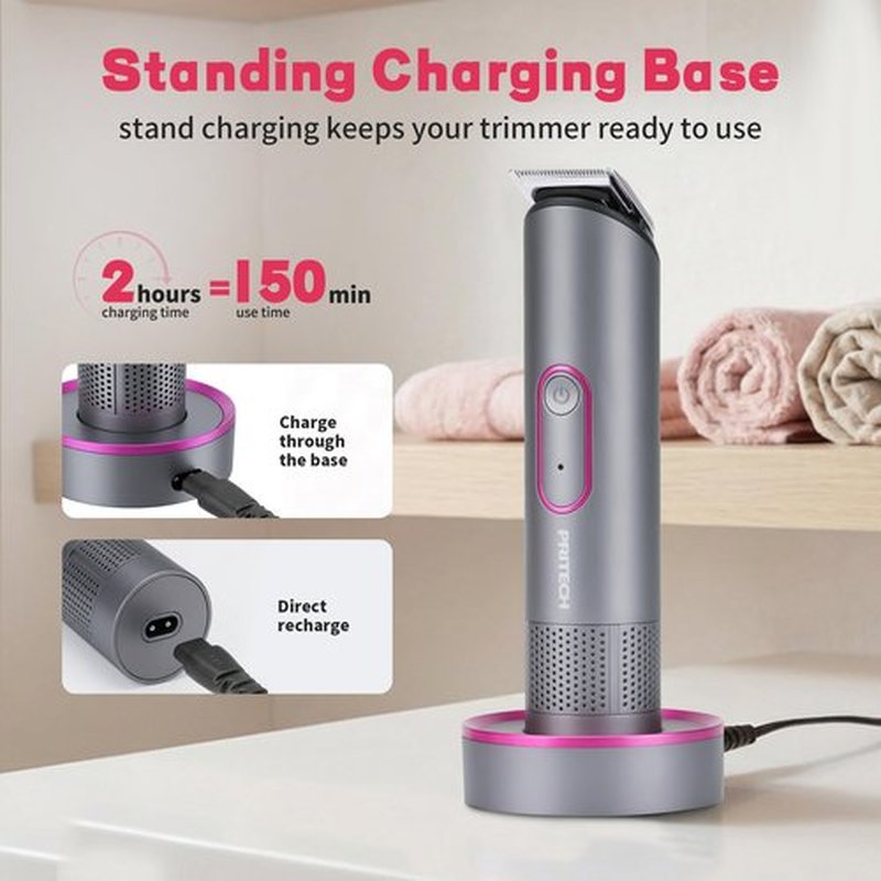 PRITECH Pubic Hair Trimmer Women - Rechargeable Bikini Trimmer for Women Sensitive Skin, Wet&Dry Use, Pain-Free Electric Razor&Shaver with Standing Recharge Dock, Ideal Gift, Slate Grey