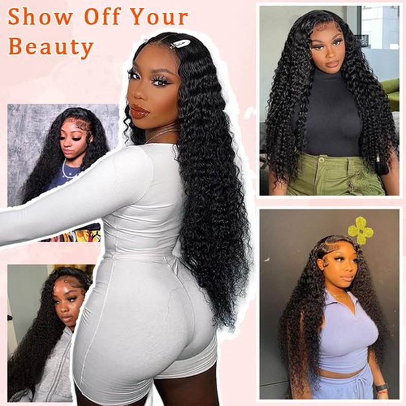 13x4 Lace Frontal Deep Wave 14 Inch 150% Density Unprocessed Brazilian Human Hair HD Lace Frontal Pre Plucked Free Part with Baby Hair for Black Women Natural Color