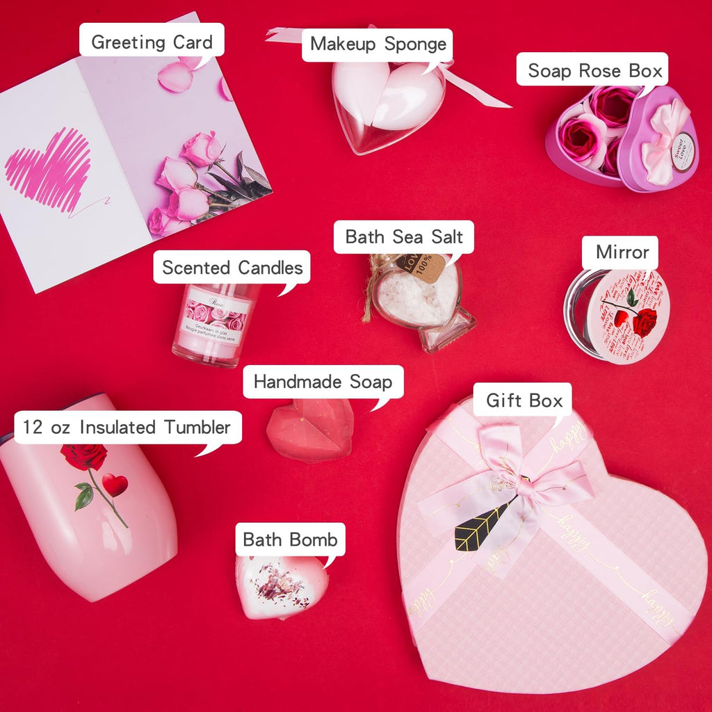 Mothers Day Gifts Box, Pink Rose SPA Gift Basket for Women, Mom Birthday Gifts, Heart-Shaped Relaxing Bath Set with Tumbler, Best Gift for Mom, Wife, Love You Anniversary Present