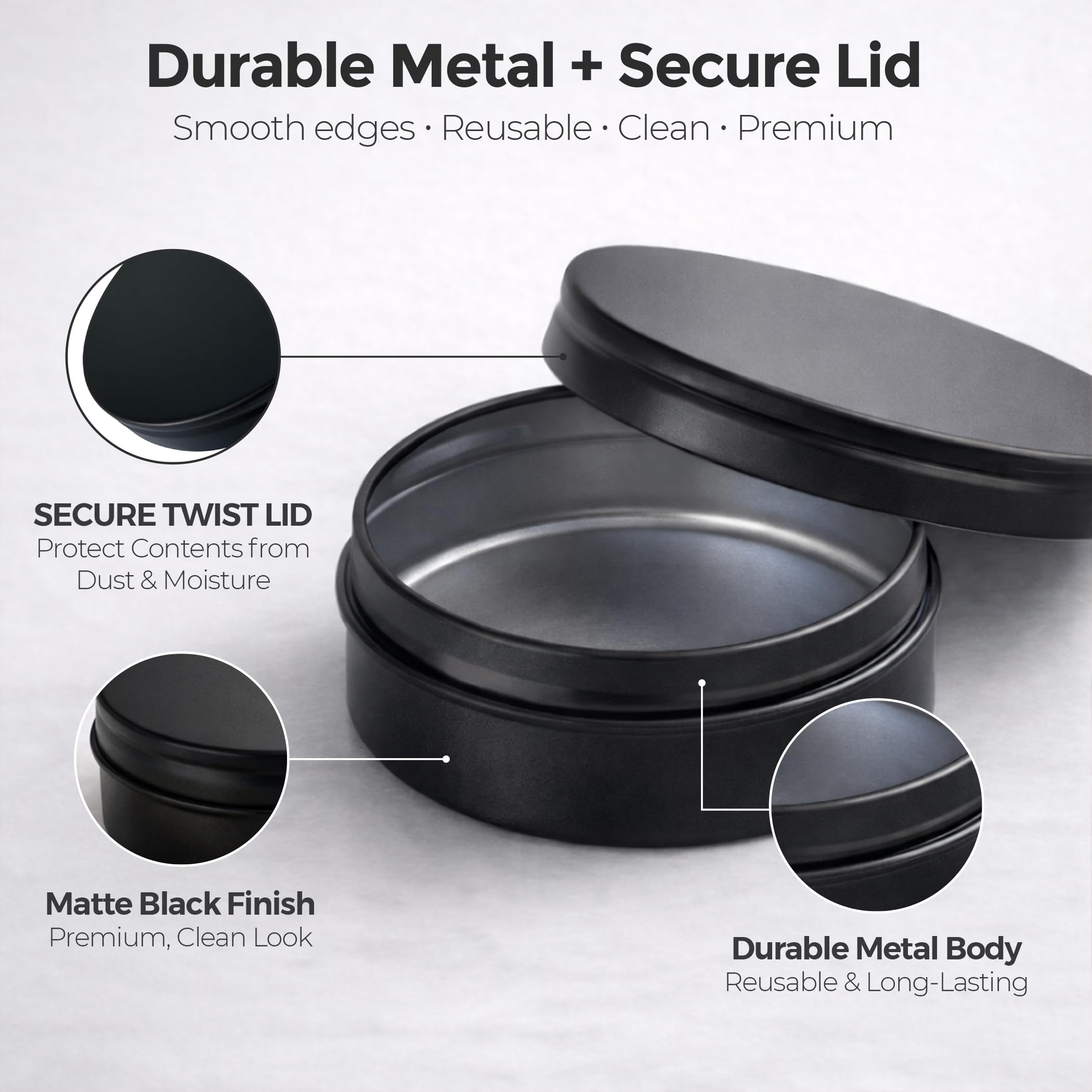 TYNZZ 3 Pcs, Metal Tin Round Container, Mini Portable Small Storage Container Kit with Twist Lid for Home Storage 2.5x1 Inch, Black