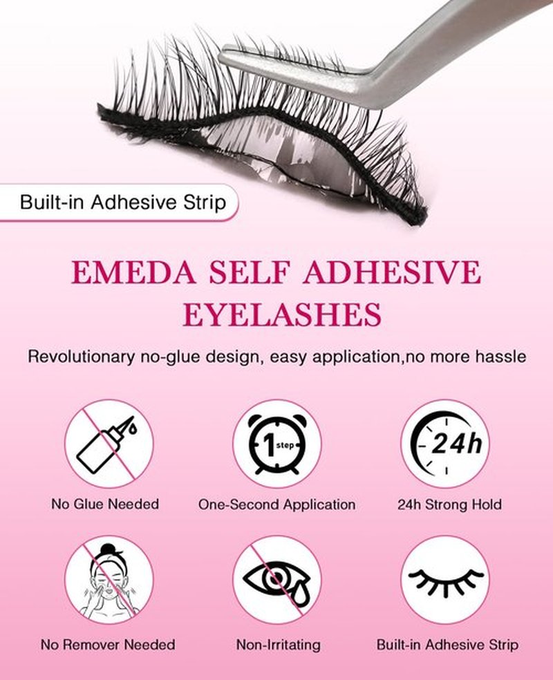 EMEDA Self Adhesive Eyelashes Preglued Glueless -Natural Look No Glue Eyelashes 14mm Natural Cat Eye Glueless No Glue Needed Reusable Stick on False Strip Lashes Easy for Beginner (879 with Tweezers)