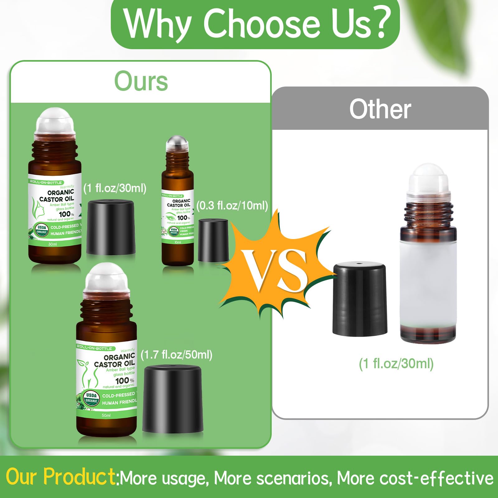 Warmify 3-in-1 Castor Oil Roll on for Eye,Face,Body Skin,Certified Organic Cold Pressed Castor Oil Roller ball unrefined Glass Bottle,Precise & Mess-Free Application & Travel Friendly