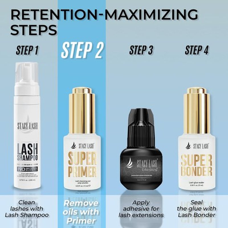 Stacy Lash Primer for Lash Extensions | Super Primer/Cleanser 15ml | Eyelash Extension Primer | Protein Oil Remover | Increase Adhesive Bonding Power Retention | Professional Lash Supplies