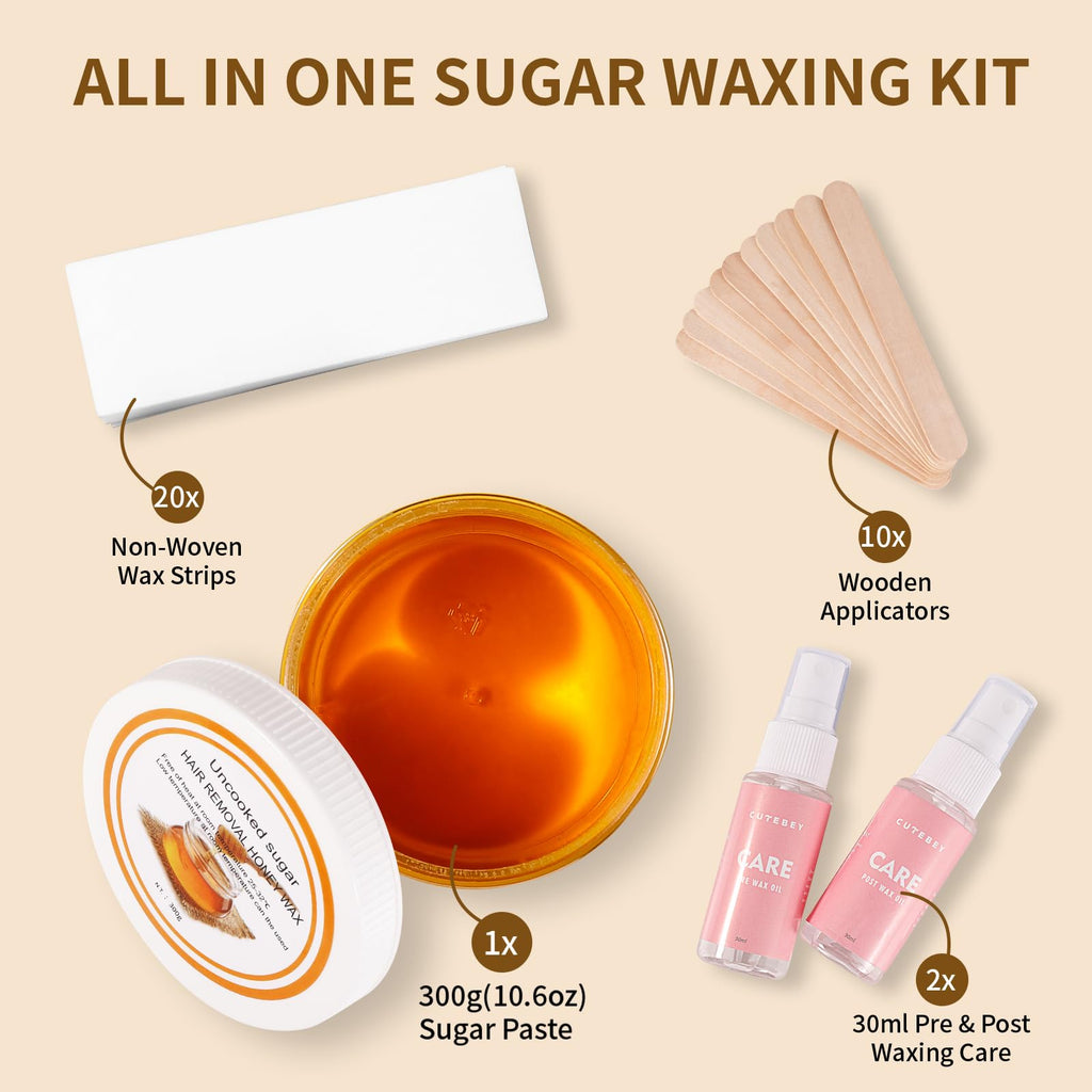 Sugar Wax Kit Suagring Kit: 300g/10.6oz Organic Sugaring Paste for Body Hair Removal - Includes Wax Strips & Sticks, Pre and Post Care Oils