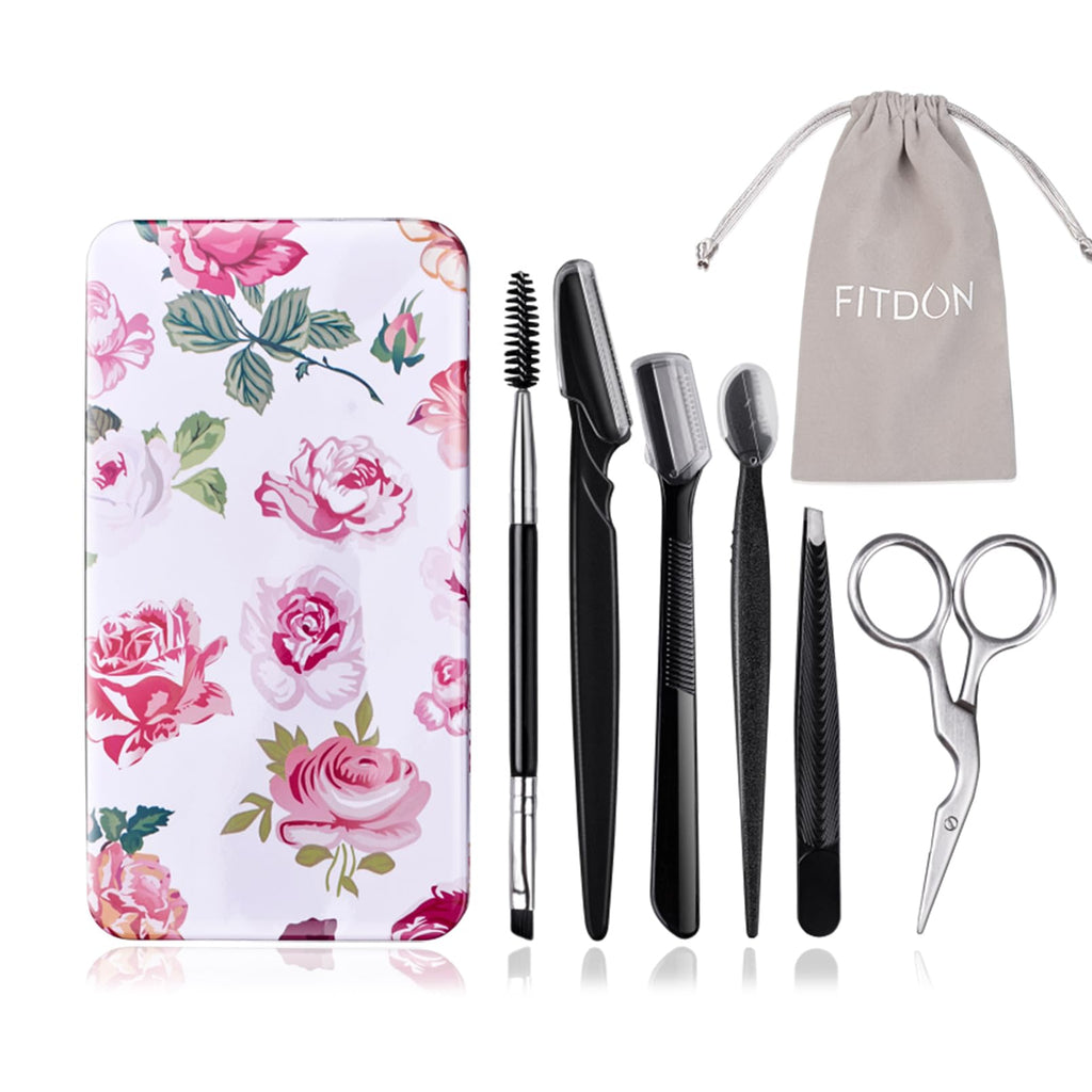 FITDON Eyebrow Grooming Set, Eyebrow Tweezers & Curved Brow Scissors & 3PCS Brow Razors Trimmer & Eyebrow Brush with Spoolie