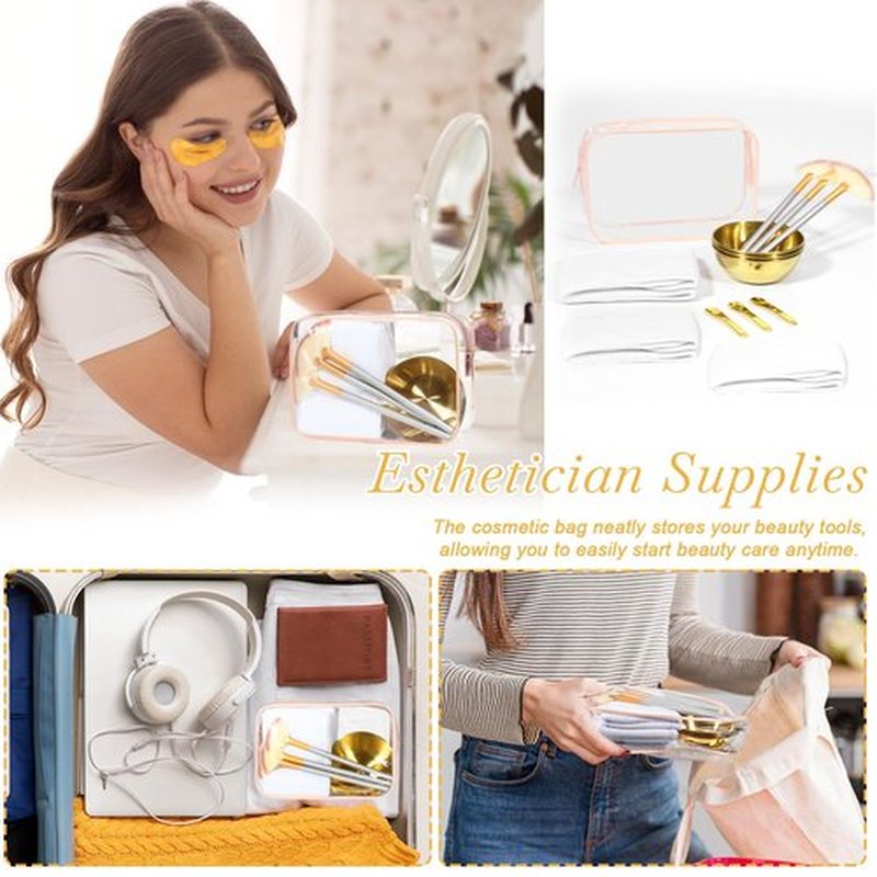 13 Pcs Esthetician Supplies 3 Gold Bowls Stainless Steel 3 Gold Skincare Spatula Metal 3 Facial Fan Brushes 3 White Facial Headbands Esthetician Clear Cosmetic Bag with Zipper for Women Facials