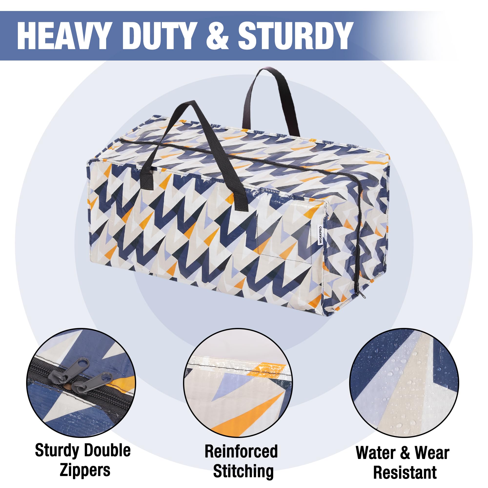 WORKPRO 6 Pack Extra Large Moving Bags with Zippers & Carrying Handles Backpack Straps, Heavy-Duty Storage Tote for Space Saving & Storage, Alternative to Moving Box (W - Alphabet Printing)