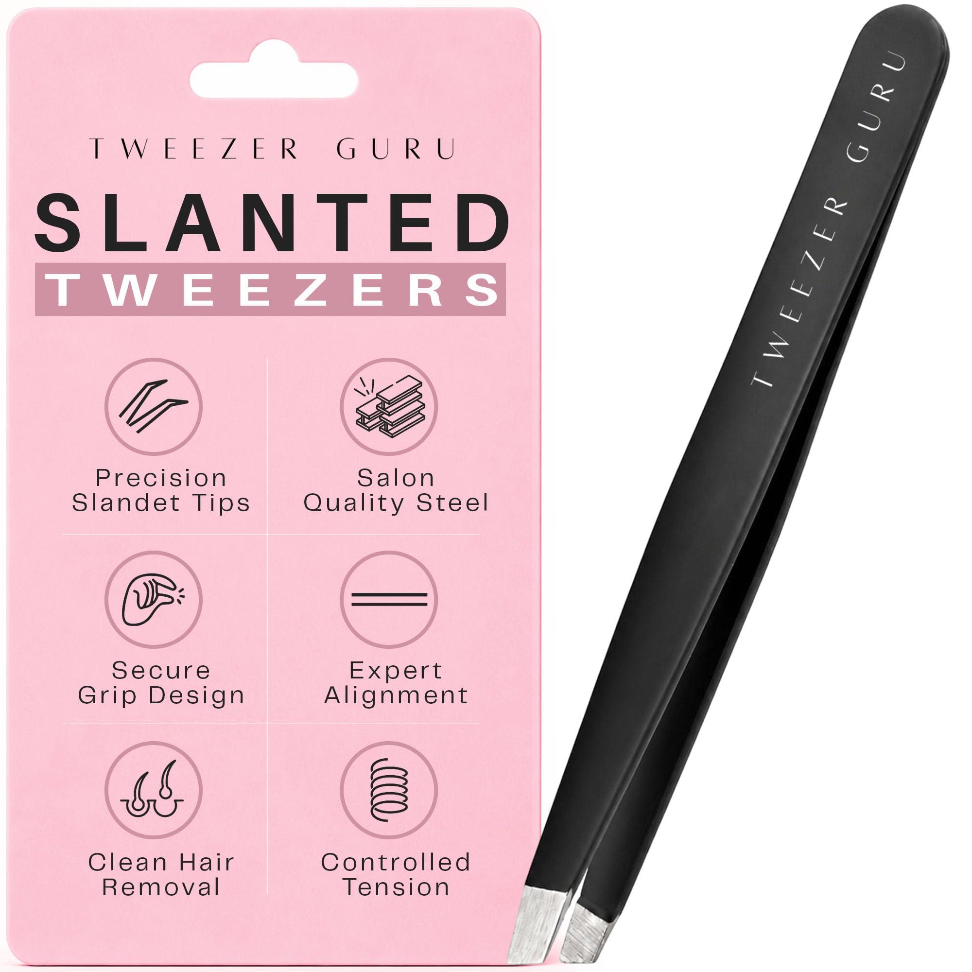 Tweezer Guru Tweezers for Women Facial Hair & Men – Precision Slant-Pointed Eyebrow Tweezer for Ingrown Hair, Blackhead & Splinter Removal (Black)