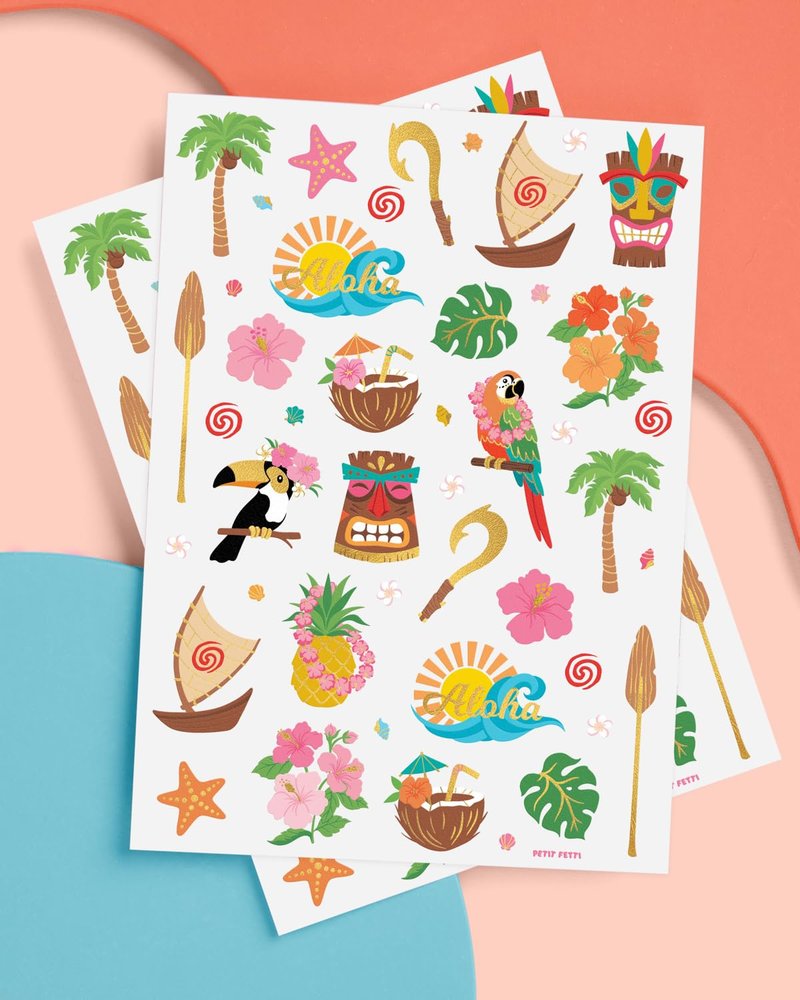 xo, Fetti Tropical Island Temporary Tattoos - 60 Gold Foil Pcs | Hawaiian Birthday Accessory, Bachelorette Luau Party Favor, Cute Kids Activity