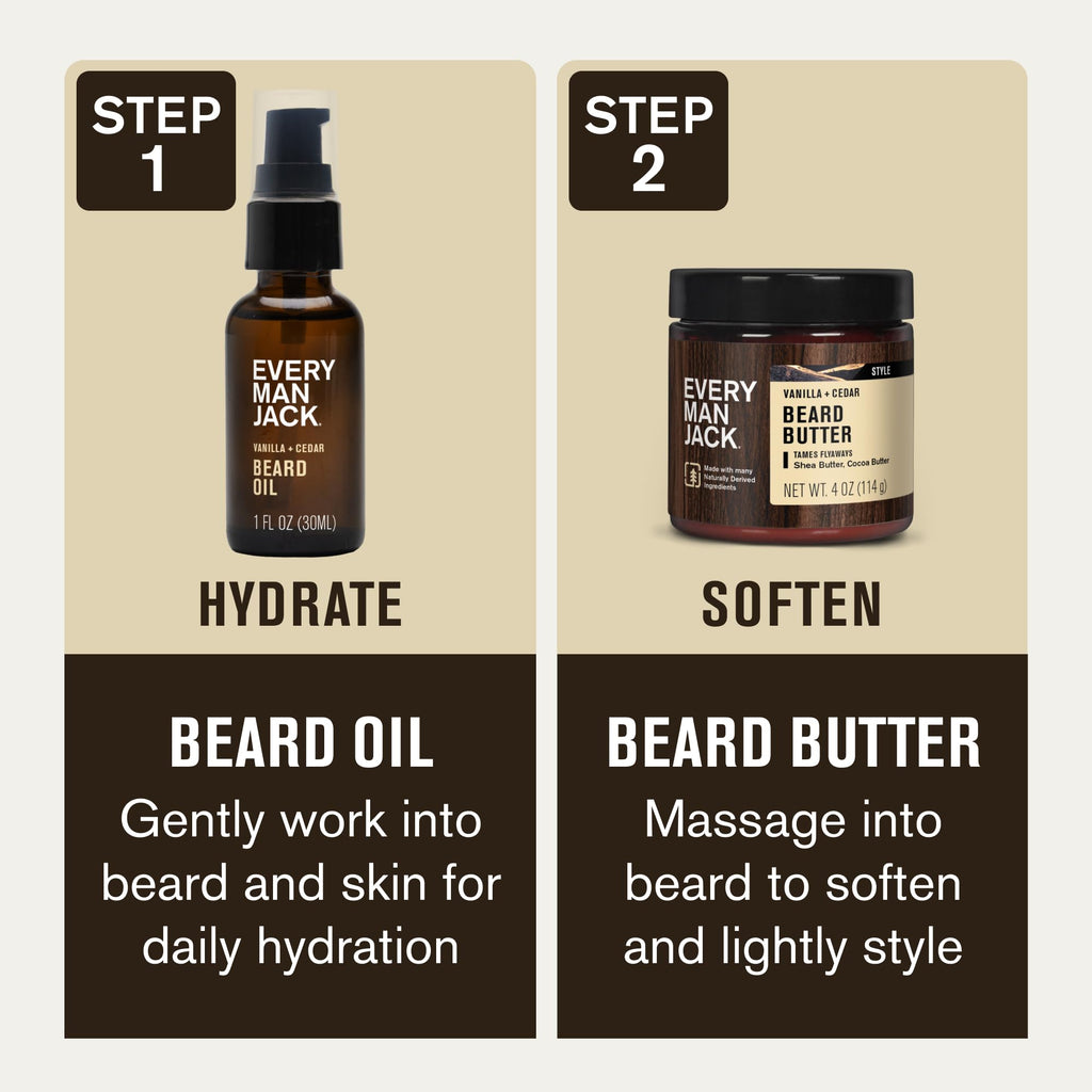 Every Man Jack Beard Oil & Scruff Softening Butter Bundle - Vanilla + Cedar Scent - Rejuvenates, Hydrates & Styles Dry Beards - Naturally Derived with Cocoa Butter and Shea Butter