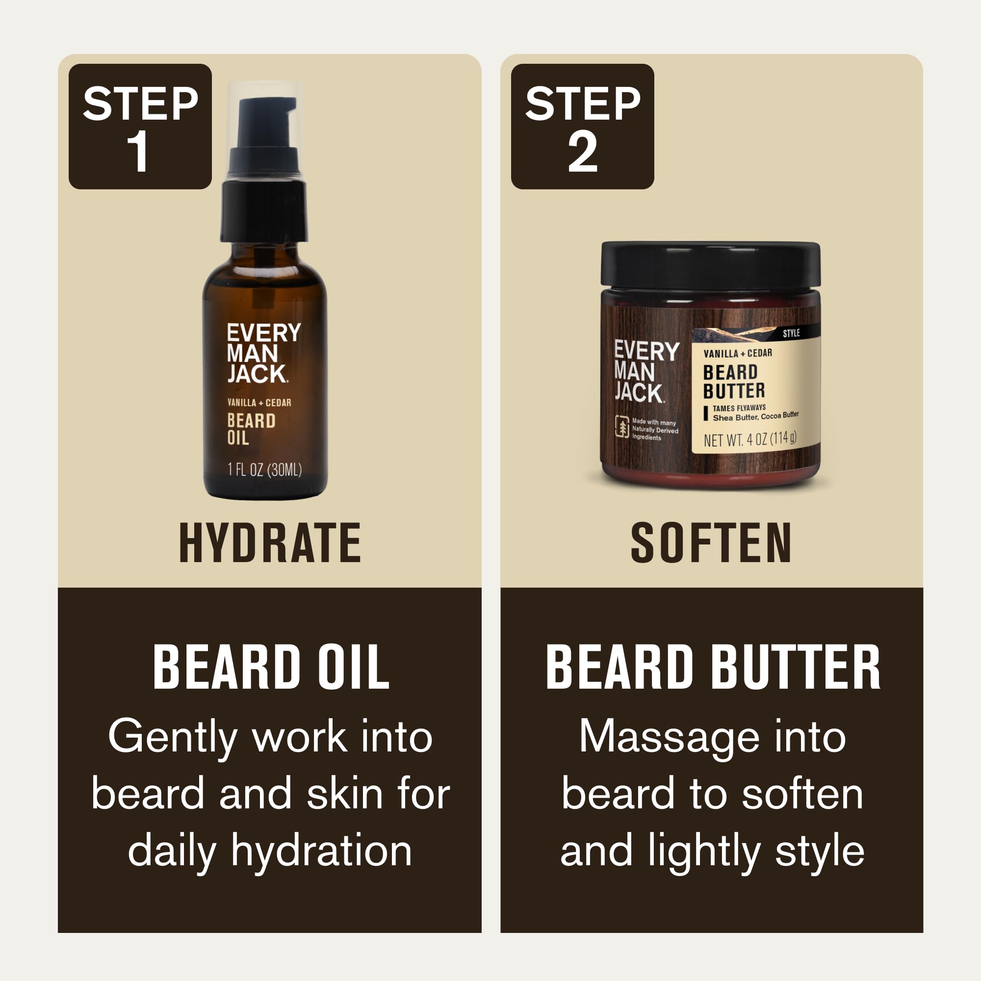 Every Man Jack Beard Oil & Scruff Softening Butter Bundle - Vanilla + Cedar Scent - Rejuvenates, Hydrates & Styles Dry Beards - Naturally Derived with Cocoa Butter and Shea Butter