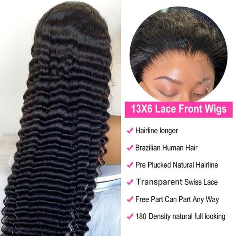Ferzzon Bling Hair 13x6 Deep Wave Lace Front Wigs Lace Frontal Wigs Human Hair for Women Glueless Curly Lace Front Wig Curly Wig Pre Plucked with Baby Hair 180 Density Natural Color 30 Inch