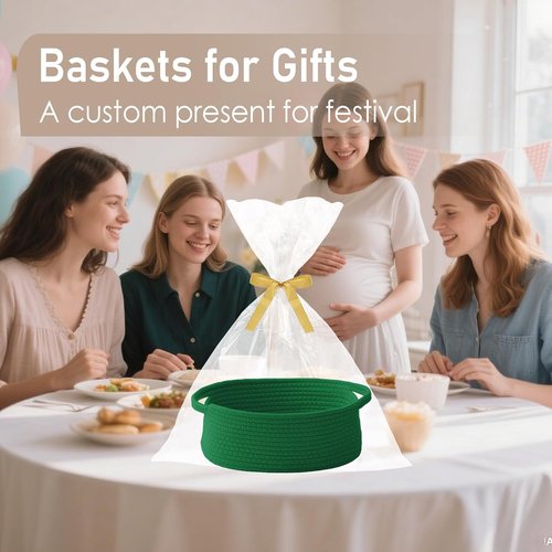 JMvicyroam Woven Basket - Small Rope Storage Bin with Handles for Organizing Shelves & Closets | Green Gift Basket for Toys & Books