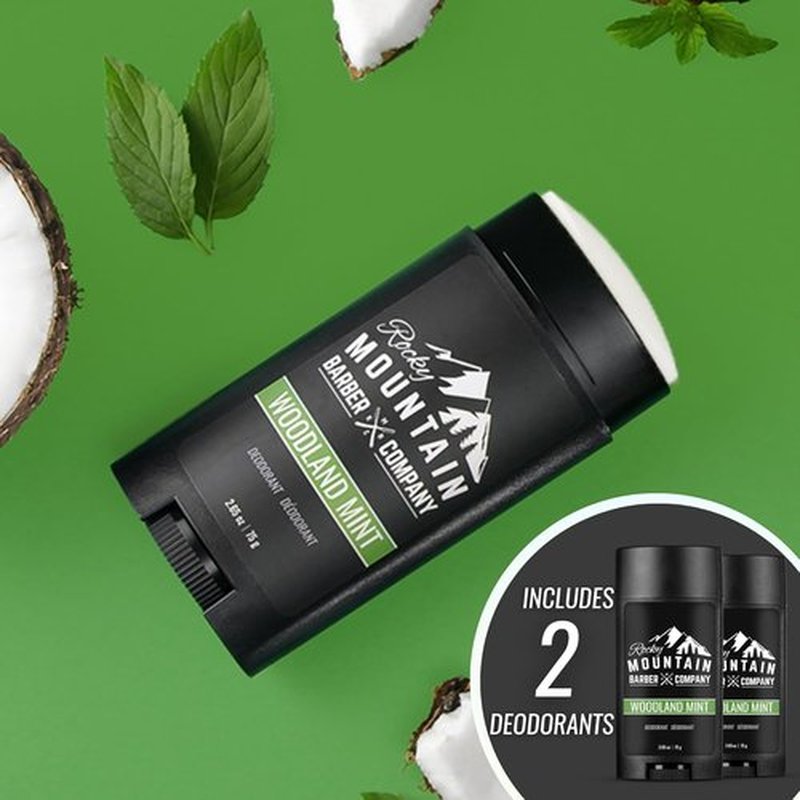 Rocky Mountain Barber Company Natural Deodorant for Men - Aluminum-Free, Plant-Based with Peppermint - Woodland Mint Scent, 2.65 oz Each