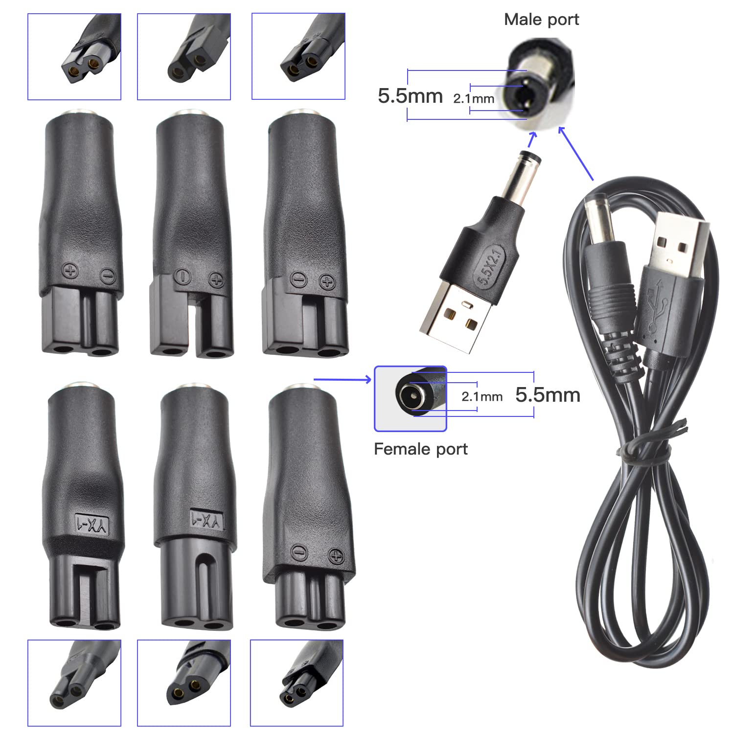 BOEEA 8 PCS Power Cord 5V Replacement Charger USB Adapter Suitable for Hair Clippers, Beard Trimmers, Shavers, Beauty Instruments, Desk Lamps, Purifiers.